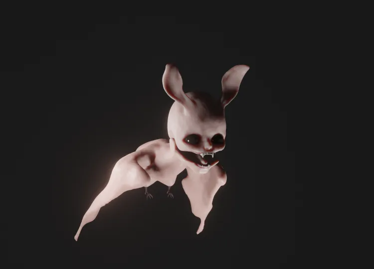 3d sculpture of creepy cartoon, featherless chicken kind of body, big ears and visible teeth, giant black eyes